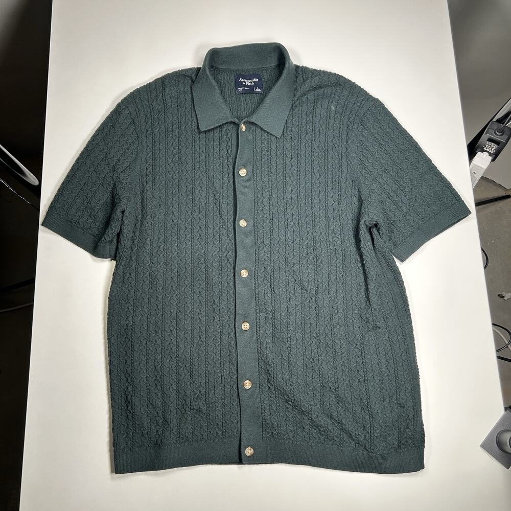 Abercrombie Fitch Mens L Cable Knit Sweater Polo Button Up Olive Green Old Money